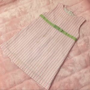 Hartstrings Girls Pink White Seersucker Sleeveless Shift Dress Green Ribbon Bow
